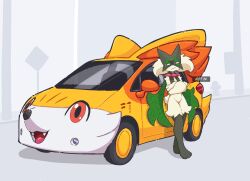  car character_car crossed_arms english_text fennekin green_fur highres meowscarada motor_vehicle open_mouth pokemon pokemon_(creature) raz_dl speech_bubble 