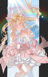  1girl absurdres anjizi42151 arm_bow arm_warmers bare_shoulders bead_necklace beads black_border blonde_hair blue_sky border bow bubble_skirt choker circle_skirt closed_mouth clouds colored_eyelashes cone_hair_bun day double_bun dreamtime_bestowed_(infinity_nikki) dress dress_bow eyes_visible_through_hair feet_out_of_frame floating_clothes floating_hair frilled_arm_warmers frills hair_bow hair_bun hair_ornament hair_ribbon halo hand_on_own_cheek hand_on_own_face happy heart heart_hair_ornament highres infinity_nikki jewelry knee_up knees lace-trimmed_choker lace_trim layered_dress leg_ribbon light_blush light_rays lipstick long_hair long_sidelocks looking_at_viewer makeup neck_ribbon necklace nikki_(series) outdoors outside_border parted_bangs pillarboxed pink_bow pink_dress pink_halo pink_lips pink_ribbon rainbow ribbon ribbon_earrings ringlets short_dress sidelocks skirt sky sleeveless sleeveless_dress smile solo spaghetti_strap sun sunbeam sunlight twintails very_long_hair violet_eyes wavy_hair white_arm_warmers white_choker white_dress wrist_bow 