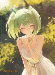  1girl absurdres bare_arms bare_shoulders blush closed_eyes collarbone commentary dated dress green_hair hair_between_eyes hand_up highres medium_hair nbee_ya open_mouth outdoors sleeveless sleeveless_dress smile solo stellive teeth upper_body white_dress yuzuha_riko 