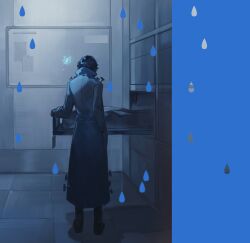  1boy absurdres aedd_(e.g.o) black_gloves black_shoes blue_coat blue_hair blue_pants body_bag bulletin_board coat commentary e.g.o_(project_moon) faelantern_(project_moon) fairy from_behind full_body gloves hand_in_pocket highres hohenheim_(project_moon) indoors limbus_company long_sleeves looking_down male_focus messy_hair morgue nail_(hardware) pants project_moon sammorstrange shoes short_hair standing tag tile_floor tiles untranslatable_commentary water_drop 