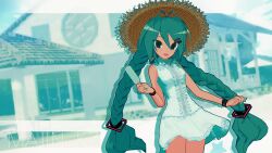  1girl 3d :d absurdres alternate_costume alternate_hairstyle animasa_model_(mikumikudance) antenna_hair aqua_eyes aqua_hair aqua_nails artist_name blush bracelet braid breasts center_frills dress food frills hair_between_eyes hair_ornament hat hatsune_miku highres holding holding_food holding_popsicle jewelry kio_(majin_kz) lace-trimmed_dress lace_trim long_hair looking_at_viewer low_twin_braids mikumikudance_(medium) outdoors popsicle sleeveless sleeveless_dress small_breasts smile solo straw_hat sun_hat sundress twin_braids variant_set very_long_hair vocaloid white_dress 