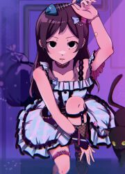  1girl animal arm_up black_cat black_eyes black_shoes blue_dress bow bracelet brown_hair cat chromatic_aberration collar commentary_request dress fish_skeleton_hair_ornament hair_bow hair_ornament heart_collar highres idolmaster idolmaster_million_live! idolmaster_million_live!_theater_days jewelry kitazawa_shiho knee_up long_hair looking_at_viewer no_pupils official_alternate_costume pink_collar qute_x_qualm_(idolmaster) sen_izm shoes sitting solo thigh_strap trash_bag two-tone_bow 