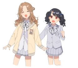  2girls 2l_(2lsize) absurdres black_hair blazer blush brown_hair cardigan closed_eyes commentary_request cropped_legs facing_viewer flying_sweatdrops fukumaru_koito hair_bun highres ichikawa_hinana idolmaster idolmaster_shiny_colors jacket long_hair looking_at_another medium_hair miniskirt multiple_girls open_mouth parted_bangs red_eyes school_uniform shirt simple_background single_hair_bun skirt smile twintails white_background white_shirt white_skirt yellow_cardigan 