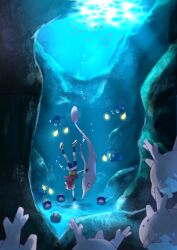  amaco_(amacoworklove) bandana bike_shorts black_socks chinchou clamperl commentary_request corsola day diving fingerless_gloves gloves gorebyss highres luvdisc may_(pokemon) poke_ball pokemon pokemon_(creature) red_bandana school_of_fish shoes sneakers socks sunlight underwater 