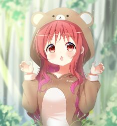  1girl animal_costume animal_hood bear_costume bear_hood child claw_pose commission deyui forest gochuumon_wa_usagi_desu_ka? hood long_hair natsu_megumi nature open_mouth outdoors red_eyes red_hair solo sunlight 