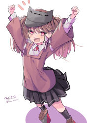  1girl :d absurdres black_skirt black_socks blush brown_hair brown_shoes clenched_hand collared_shirt commentary_request from_above from_side full_body hair_between_eyes highres hizaka jacket kantai_collection kneehighs long_hair long_sleeves looking_at_viewer one-hour_drawing_challenge open_mouth platform_shoes pleated_skirt red_eyes red_jacket ryuujou_(kancolle) shadow shirt shoes signature simple_background skirt smile socks solo twintails twitter_username visor_cap white_background white_shirt 