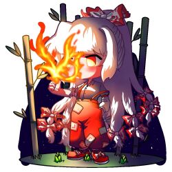 1girl bamboo bamboo_shoot blush bow chibi chibi_only commentary_request fire fujiwara_no_mokou hair_bow hair_ribbon korean_commentary long_hair long_sleeves looking_at_fire lovelobten night ofuda ofuda_on_clothes pants pyrokinesis red_eyes red_pants red_shoes ribbon shirt shoes sky solo star_(sky) starry_sky suspenders torn_clothes touhou very_long_hair white_background white_hair white_shirt 