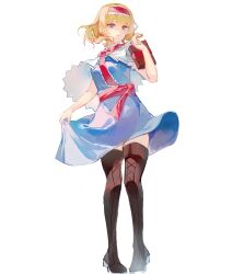  1girl absurdres alice_margatroid blonde_hair blue_dress blue_eyes book boots brown_boots capelet chinese_commentary commentary_request dress frilled_hairband frills grimoire hairband highres holding holding_book holding_own_dress red_hairband shanguang_san_he_yi_xiao_ci_guai solo thigh_boots touhou white_capelet 