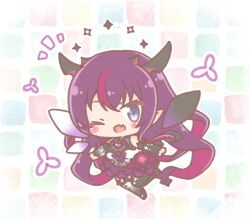  1girl ;d black_boots blue_eyes blush_stickers boots chibi dress fang flower gradient_boots highres hololive hololive_english horns irys_(hololive) long_hair mitarashi_neko multicolored_hair notice_lines one_eye_closed purple_flower purple_hair smile solo sparkle streaked_hair thigh_boots very_long_hair virtual_youtuber white_boots white_dress 