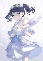  absurdres angel_wings black_hair blue_ribbon commentary dress erumu_(elm_green411) feathers floating_hair flower flower_wreath frilled_dress frilled_wrist_cuffs frills fukumaru_koito head_wreath highres idolmaster idolmaster_shiny_colors lens_flare light_blush ribbon rose smile twintails untranslatable_commentary violet_eyes waist_ribbon wavy_hair white_background white_dress white_flower white_rose wings wrist_cuffs 