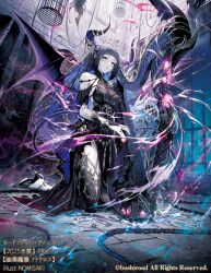  1girl amano_misaki anklet arched_bangs artist_name aura bandaged_horn bare_shoulders bat_wings birdcage black_bow black_bridal_gauntlets black_dress black_hair black_horns black_shoes black_thighhighs black_wings blue_eyes blue_fire blue_hair blue_nails bow breasts bridal_gauntlets cage cardfight!!_vanguard chain colored_inner_hair copyright_notice demon_girl demon_horns demon_tail demon_wings detached_sleeves dress expressionless fingernails fire flower full_body gem gradient_horns gradient_wings halter_dress halterneck harp high_heels holding holding_instrument horn_flower horns indoors instrument iron_bars jewelry kneeling long_fingernails long_hair looking_at_viewer looking_down medium_breasts multicolored_hair multicolored_horns multicolored_wings multiple_rings nail_polish official_art on_floor pale_skin parted_lips pelvic_curtain pink_gem prison purple_horns purple_tail purple_wings ring see-through_cleavage see-through_clothes shoes sidelocks silver_trim socks solo tail tail_bow tail_ornament thigh-highs tiara tile_floor tiles very_long_hair white_socks window wings 