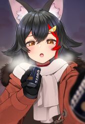  1girl :o @-you_(you_2023_8_16) animal_ear_fluff animal_ears black_hair blurry blurry_foreground blush breath brown_coat brown_eyes can canned_coffee coat cold commentary_request depth_of_field drink_can ear_blush flipped_hair hair_between_eyes hair_ornament hairclip highres holding holding_can hololive incoming_drink long_hair multicolored_hair ookami_mio open_mouth red_streaks scarf sidelocks single_hair_streak solo spiky_hair steam streaked_hair upper_body virtual_youtuber white_scarf winter_clothes wolf_ears 