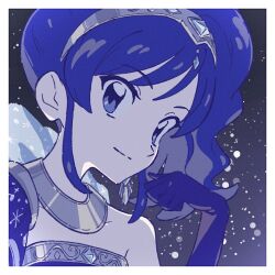  1girl aikatsu! aikatsu!_(series) bare_shoulders blue_eyes blue_gloves blue_hair border closed_mouth commentary_request gem gloves hairband hand_up highres idol_clothes jewelry kiriya_aoi koke_(koke7) long_hair looking_at_viewer necklace side_ponytail smile solo upper_body white_border 