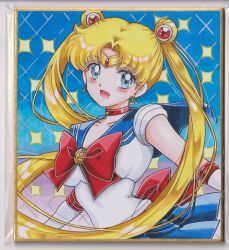  1girl :d back_bow bishoujo_senshi_sailor_moon blonde_hair blue_background blue_eyes blue_sailor_collar blue_skirt blush bow breasts chikoto_(kztc4472) choker collarbone commentary crescent crescent_choker crescent_earrings double_bun earrings elbow_gloves gem gloves gold_tiara gradient_background hair_bun hair_ornament highres jewelry leotard lone_nape_hair long_hair looking_at_viewer magical_girl medium_breasts miniskirt open_mouth parted_bangs photo_(medium) picture_frame pink_background pleated_skirt red_bow red_choker red_gem red_trim sailor_collar sailor_moon sailor_senshi_uniform short_sleeves skirt smile solo star_(symbol) star_symbol_background tiara traditional_media transformation_brooch_(sailor_moon) tsukino_usagi twintails upper_body very_long_hair white_gloves white_leotard 