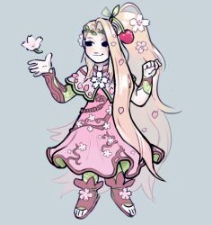  1girl alternate_costume appeypie blonde_hair cherry_blossoms cherry_hair_ornament dress food-themed_hair_ornament full_body grey_background hair_ornament kid_icarus kid_icarus_uprising light_smile long_hair pink_dress ponytail solo very_long_hair viridi 