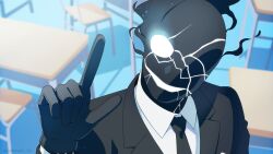  1boy artist_name black_fire black_gloves black_jacket black_necktie black_skin black_suit black_suit_(blue_archive) blazer blue_archive chair collared_shirt colored_skin commentary_request cracked_skin desk dress_shirt fire gloves glowing glowing_eye hand_up highres index_finger_raised jacket long_sleeves looking_at_viewer male_focus minokurage necktie one-eyed parody portrait school_chair school_desk shirt smile suit twitter_username white_shirt 