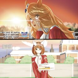  2girls absurdres avian_inquisitor blonde_hair crying ear_covers english_text eyes_visible_through_hair gameplay_mechanics gold_city_(umamusume) highres horse_girl horse_tail long_hair multiple_girls orange_hair outdoors screenshot_inset streaming_tears tail tears tracen_training_uniform track_suit umamusume yukino_bijin_(umamusume) 