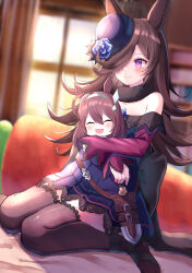  1girl animal_ears bare_shoulders black_thighhighs blue_dress blue_flower blue_hat blue_rose blush breasts brown_hair character_doll closed_mouth commentary_request doll dress flipped_hair flower fur_choker grey_hairband guram hair_over_one_eye hairband hat hat_flower holding holding_doll horse_ears horse_girl horse_tail knife long_hair long_sleeves looking_at_viewer mihono_bourbon_(umamusume) off-shoulder_dress off_shoulder rice_shower_(rosy_dreams)_(umamusume) rice_shower_(umamusume) rose sheath sheathed silver_hairband small_breasts smile solo tail thigh-highs tilted_headwear umamusume violet_eyes 