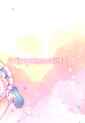  1girl absurdres back_cover blue_dress blue_shoes circle_name cirno coa_(chroo_x) cover dress frilled_dress frills highres leg_up mary_janes out_of_frame shoes socks solo star_(symbol) third-party_source touhou white_socks 