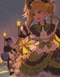  2girls :d absurdres artist_request black_capelet black_hat blonde_hair blue_hair blue_skirt bow braid braided_hair_rings capelet chinese_commentary christmas christmas_tree closed_eyes commentary_request commission deerstalker dress frilled_sleeves frills green_dress green_eyes hair_bow hair_rings hand_up hat highres house lamppost lolita_fashion long_hair long_sleeves looking_at_another looking_back mahou_shoujo_no_majo_saiban multiple_girls night open_mouth second-party_source short_hair skirt smile snow snowing standing standing_on_one_leg tachibana_sherry tono_hanna twintails winter 