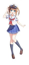  1girl absurdres black_socks blouse blue_eyes blue_skirt brown_hair brown_shoes commentary_request full_body hat high_school_fleet highres june4149 korean_commentary loafers looking_at_viewer midriff military_hat miniskirt misaki_akeno neckerchief open_mouth peaked_cap pleated_skirt red_neckerchief sailor_collar school_uniform serafuku shirt shoes short_hair short_sleeves short_twintails simple_background skirt smile socks solo standing twintails waving white_background white_hat white_sailor_collar white_shirt yokosuka_girls_marine_high_school_uniform 