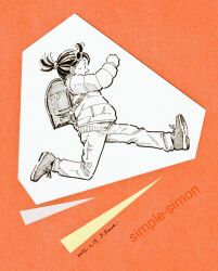  1girl artist_name backpack bag commentary_request dated from_side full_body hatching_(texture) jacket linear_hatching monochrome open_mouth orange_background original padded_jacket pants paper_cutout_(medium) papercraft_(medium) ponytail randoseru running shoes short_hair short_ponytail smile solo traditional_media unconventional_media zpihr6jprso2r2l 