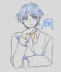  1boy 1girl alternate_costume anthemspices blue_eyes blue_hair blunt_ends casual choppy_bangs clenched_hand closed_mouth collared_shirt commentary contemporary cropped_torso expressionless eyeliner genshin_impact hand_up hat jitome light_blush limited_palette long_hair long_sleeves looking_at_another looking_at_viewer makeup mona_(genshin_impact) open_collar parted_bangs ponytail_holder portrait red_eyeliner scaramouche_(genshin_impact) shirt sidelocks sketch split_mouth tsurime twintails white_background white_shirt white_sleeves witch_hat 