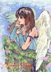  1girl angel_wings arm_ribbon artist_name balcony black_hair black_ribbon blue_cardigan blue_sleeves breasts brown_eyes brown_hair cardigan closed_mouth commentary_request detached_sleeves feathered_wings final_fantasy final_fantasy_viii highres holding holding_jewelry holding_necklace jewelry light_smile long_hair medium_breasts multicolored_hair naga160oji necklace ribbon ring ring_necklace rinoa_heartilly solo streaked_hair white_wings wings 