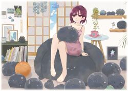  1girl absurdres analog_clock ball bare_shoulders basketball_(object) bean_bag_chair book bracelet chair clock commentary_request crystal cup earrings heaven_burns_red highres jewelry kusu_any looking_at_viewer mug narby_(heaven_burns_red) on_chair picture_frame plant purple_hair red_eyes short_hair shouji sitting sitting_on_object sliding_doors slime_(creature) tezuka_saki 