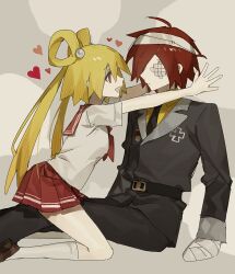  1boy 1girl :d :o anonymous1203 bandaged_hand bandaged_head bandages belt black_belt black_jacket black_necktie blonde_hair epic_battle_fantasy eyepatch from_side grey_background grey_socks hair_extensions hetero highres hikari_(epic_battle_fantasy) jacket kneeling lance_(epic_battle_fantasy) looking_at_another necktie open_mouth red_eyes red_hair red_sailor_collar red_skirt ring_hair_extensions sailor_collar school_uniform serafuku shirt short_hair short_sleeves sitting skirt smile socks twintails 