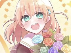  1girl :d aqua_eyes blue_flower bouquet brown_dress commentary_request dress flower green_flower hair_ornament hasu_no_sora_school_uniform highres hinoshita_kaho holding holding_bouquet link!_like!_love_live! long_sleeves looking_at_viewer love_live! medium_hair neckerchief open_mouth orange_flower pink_flower portrait purple_flower rabbit_hair_ornament ranunculus red_flower red_neckerchief sailor_collar sailor_dress school_uniform smile solo tanuwo two_side_up virtual_graduation_commemoration virtual_youtuber white_sailor_collar winter_uniform yellow_background yellow_flower 