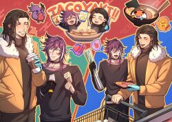  ! !! +_+ 2boys :d :t alternate_costume alternate_hairstyle aqua_eyes banzoin_hakka beard_stubble bird black_choker black_hair black_hands black_shirt black_sweater blue_hands cheese choker chopsticks closed_eyes colored_extremities cup disposable_coffee_cup disposable_cup egasumi egg_(food) face_piercing facial_hair fang fish food food_packaging fruit fur-trimmed_jacket fur_trim grin hair_down hakkito_(banzoin_hakka) halftone halftone_background happy heart highres holding holding_food holding_fruit holding_ice_cream_cone holostars holostars_english ice_cream ice_cream_cone in_bowl in_container in_food jacket josuiji_shinri koipanion_(josuiji_shinri) layered_shirt lip_piercing long_hair long_sleeves male_focus multiple_boys multiple_views noodles open_mouth orange_jacket outline piercing purple_hair purple_shirt ramen senza0813 shirt shopping shopping_cart smile snakebite_(piercing) soft_serve sparkle spoken_exclamation_mark spoken_heart spoken_thumbs_up spring_onion strawberry stubble sweater takoyaki takoyaki_pick thumbs_up torn_clothes torn_shirt turtleneck turtleneck_sweater violet_eyes virtual_youtuber yellow_outline 
