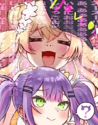  2girls =_= ? @-you_(you_2023_8_16) barbell_piercing baseball_cap black_hat blonde_hair blush center-flap_bangs closed_eyes closed_mouth colored_inner_hair commentary_request double-parted_bangs double_bun drooling ear_piercing flower full-face_blush green_eyes hair_between_eyes hair_bun hair_flower hair_ornament hairclip hand_on_another's_head hat headpat height_difference highres hololive hug hug_from_behind industrial_piercing long_hair looking_at_another momosuzu_nene momosuzu_nene_(1st_costume) multicolored_hair multiple_girls nostrils open_mouth orange_shirt parallel_hairclips piercing pink_hair pink_streaks pointy_ears purple_hair raised_inner_eyebrows shirt side_up_bun sidelocks smelling smile speech_bubble spike_piercing spoken_question_mark streaked_hair tokoyami_towa translation_request tsurime twintails two_side_up upper_body virtual_youtuber yuri 