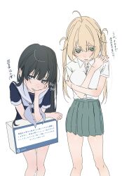  2girls ahoge arm_support black_hair blonde_hair blue_dress blue_eyes blunt_bangs breasts commentary_request cowboy_shot dress fan_request green_eyes green_skirt hair_between_eyes hand_on_own_arm hand_on_own_shoulder head_on_hand head_rest highres hime_cut large_breasts miniskirt multiple_girls original peing_(site) pleated_skirt request_inset sailor_dress school_uniform shirt shirt_tucked_in short_sleeves simple_background skirt straight_hair translation_request twintails usurai_rairai white_background white_shirt 