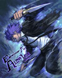  1boy absurdres belt black_belt black_necktie black_suit collared_shirt commission dagger dual_wielding grin highres holding holding_dagger holding_knife holding_weapon jacket kang_tae-shik knife kornart long_sleeves necktie open_clothes open_jacket pants purple_hair shirt short_hair smile solo_leveling spiky_hair suit weapon white_shirt 
