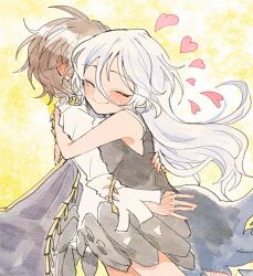  2girls black_dress blue_dress blush brown_hair closed_eyes closed_mouth commentary_request dress ear_blush gradient_clothes gradient_dress grey_hair grey_skirt hair_between_eyes hug itomugi-kun iwanaga_ariya long_hair long_hair_between_eyes long_sleeves medium_hair multiple_girls shirt skeletal_wings skirt sleeveless sleeveless_dress stone_skirt touhou very_long_hair white_shirt wings yellow_background yuiman_asama yuri 