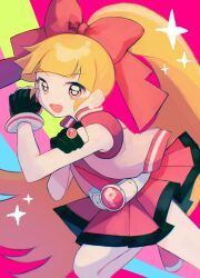  1girl :d akazutsumi_momoko bare_arms bare_legs bare_shoulders belt black_gloves black_trim blue_background blunt_bangs blunt_ends bow chromatic_aberration commentary cowboy_shot dot_nose earrings foot_up_heel_up gloves green_background hair_bow hand_on_own_arm hands_up high_ponytail highres hyper_blossom jacket jewelry long_hair looking_at_viewer miniskirt open_clothes open_jacket open_mouth orange_hair pale_skin partially_fingerless_gloves pearl_earrings pink_background pink_eyes pink_jacket pink_shirt pink_skirt pleated_skirt ponytail powerpuff_girls_z red_bow shirt shizumu_(shi_zumu) sidelocks simple_background skirt sleeveless sleeveless_jacket sleeveless_shirt smile solo sparkle standing standing_on_one_leg striped_clothes tareme tongue vertical-striped_clothes very_long_hair white_belt 