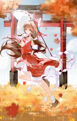  ascot autumn_leaves blurry bow brown_eyes brown_hair brown_shoes chinese_commentary commentary_request commission day depth_of_field detached_sleeves falling_leaves frilled_bow frilled_hair_tubes frilled_skirt frills full_body gohei hair_bow hair_tubes hakurei_reimu highres holding holding_gohei leaf long_hair looking_at_viewer maple_leaf outdoors red_bow red_skirt ribbon-trimmed_sleeves ribbon_trim shanguang_san_he_yi_xiao_ci_guai shoes skirt skirt_set socks too_many_watermarks torii touhou watermark white_socks yellow_ascot 