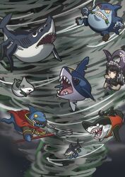  1girl :t absurdres ai-generated_art_(topic) beam_(chainsaw_man) black_hair blue_shoes cape chainsaw_man character_request commentary_request copyright_request crossover donndoro ellen_joe fins fish_tail geta head_rest highres holding holding_polearm holding_weapon italian_brainrot_ai_animals_(meme) jonathan_jones looking_at_viewer lying maid_headdress meme mole mole_under_eye multiple_crossover on_stomach pokemon pokemon_(creature) polearm red_cape red_eyes shark_girl shark_tail sharknado sharp_teeth sharpedo shoes short_hair sneakers super_mario_bros. super_mario_rpg tail teeth tornado trait_connection tralalero_tralala trident weapon zenless_zone_zero 