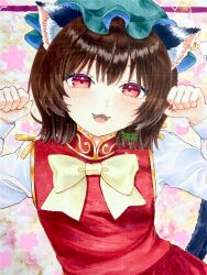  animal_ear_fluff animal_ears blush breasts brown_hair cat_ears cat_girl cat_tail clenched_hands collared_shirt colorful_background commentary_request earrings fangs hair_ornament hands_up hat highres jewelry marker_(medium) matcha_gr mob_cap open_mouth red_eyes red_vest ribbon shirt short_hair single_earring small_breasts smile tail touhou traditional_media vest white_sleeves yellow_ribbon 