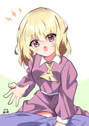 1girl ascot bad_anatomy blanket blonde_hair blush bone_vone clock collared_dress commentary_request contrast_collar dress highres long_sleeves looking_at_viewer maribel_hearn medium_hair missing_finger missing_headwear panda purple_dress solo touhou violet_eyes yellow_ascot 