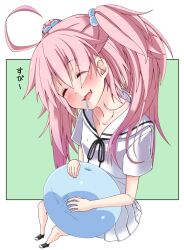  1girl :3 :d ahoge alternate_costume azumaya_(miyui001) black_shoes blush breasts child commentary_request creature creature_hair_ornament drooling fang green_background hair_between_eyes hair_ornament holding holding_creature long_hair messy_hair milim_nava miniskirt open_mouth pink_hair pleated_skirt rimuru_tempest_(slime) sailor_collar sailor_shirt saliva_on_breasts shirt shoes simple_background skin_fang skirt sleeping slime_(creature) small_breasts smile sneakers solo tensei_shitara_slime_datta_ken translation_request twintails white_background white_sailor_collar white_shirt white_skirt 