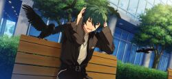  1boy arms_up belt belt_buckle bird black_belt blue_eyes buckle bush crow ensemble_stars! game_cg green_hair hair_between_eyes hands_on_own_head happy_elements heterochromia jewelry kagehira_mika lapels layered_clothes long_sleeves male_focus necklace nervous_sweating neverland_(ensemble_stars!) official_art on_bench open_mouth orange_eyes outdoors ring ring_necklace short_hair sitting solo sweat teeth third-party_source tree upper_body window 