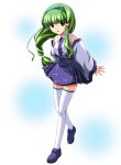  braid green_eyes hair_ornament japanese_clothes kochiya_sanae miko miniskirt shoulders skirt thigh-highs thighhighs touhou yamaguchi_yuu 