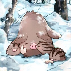  blush branch closed_eyes commentary day mushroom no_humans oguraan outdoors pig_snout piloswine pokemon pokemon_(creature) pokemon_focus snow swinub tree tusks untranslatable_commentary 
