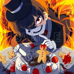  1boy birthday_cake black_hat black_jacket blue_shirt bow bowtie broken_mask burning cake candle center_frills fire food food_malfunction food_on_mask formal_clothes frilled_shirt frills gingerbread_man gloves happy_birthday hat highres hyoutenka_30-do_no_zetsubou jacket kobayashi_luca looking_at_viewer male_focus mask mitsudomoe_koubou mitsudomoe_koubou_(series) official_art orange_eyes pixel_art pointing red_bow red_bowtie seiborikku_(vocaloid) shirt solo table top_hat white_gloves 