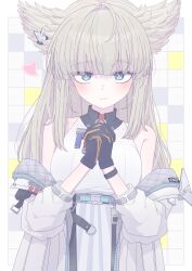  1girl absurdres ahoge animal_ears arknights arknights:_endfield bare_shoulders belt bird_ears bird_girl black_gloves blonde_hair blue_eyes blunt_bangs blush breasts commentary_request dot_nose dress gloves grid_background hair_intakes heart high-waist_belt highres jacket large_breasts long_hair long_sleeves looking_at_viewer off_shoulder open_clothes open_jacket own_hands_clasped own_hands_together perlica_(arknights) pleated_skirt skirt sleeveless sleeveless_dress smile solo tkugane unzipped upper_body white_dress white_jacket yellow_pupils 
