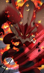  absurdres alternate_species black_nails closed_mouth colored_sclera commentary dragon dragon_horns dragon_wings english_commentary fire highres horns indie_virtual_youtuber looking_at_viewer n4hkz red_scales solo virtual_youtuber wings yellow_sclera zentreya zentreya_(dragon) zentreya_(kaiju) 