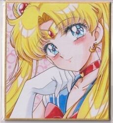  1girl bishoujo_senshi_sailor_moon blonde_hair blue_eyes blue_sailor_collar blush bow chikoto_(kztc4472) choker closed_mouth collarbone commentary crescent crescent_choker crescent_earrings double_bun earrings eyelashes gem gloves gold_tiara hair_bun hair_ornament hand_on_own_cheek hand_on_own_face hand_up head_rest head_tilt highres jewelry lips lone_nape_hair long_hair looking_at_viewer magical_girl parted_bangs photo_(medium) picture_frame pink_background portrait red_bow red_choker red_gem sailor_collar sailor_moon sailor_senshi_uniform short_sleeves smile solo tiara traditional_media tsukino_usagi twintails white_gloves 