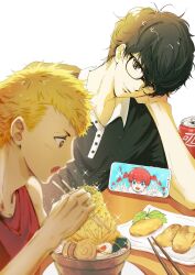  2boys amamiya_ren black-framed_eyewear black_hair black_shirt blonde_hair bowl can cellphone check_food chopsticks collared_shirt drink_can elbow_on_table food food_request glasses head_rest highres holding holding_chopsticks honeydog_cat iphone male_focus multiple_boys noodles open_mouth persona persona_5 phone plate ramen red_tank_top sakamoto_ryuji shirt short_hair smartphone soda_can table tank_top very_short_hair white_background wide-eyed 